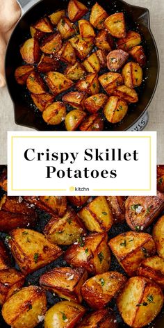 crispy skillet potatoes in a cast iron skillet with text overlay that reads crispy skillet potatoes