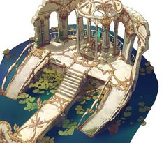 an artistic rendering of a building with water lilies on the ground and steps leading up to it