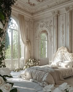 an ornate bedroom with white flowers on the floor