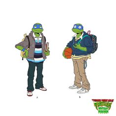 two teenage boys with backpacks and basketball balls in their hands, one is wearing a turtle