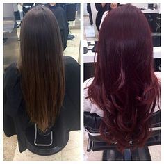 Now that's an intense red! We love the deep, dark transformation from a neutral brown to cabernet! #byMario Photo Credit: @AdriannaMColoristMT at #MarioTricociOldOrchard Dark Hair Burgundy, Dark Burgundy Hair, Hair Burgundy, Baylage Hair, Highlights Curly Hair