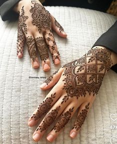 two hands with henna tattoos on them, one is showing the intricate pattern and the other