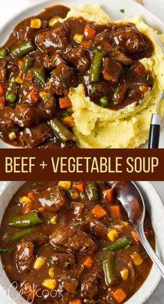 beef and vegetable soup in a bowl with mashed potatoes