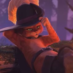 the animated character is wearing a hat and holding his arm up in front of him