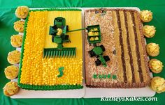 two cakes made to look like farm equipment and corn on the cob with green icing