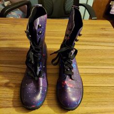 Galaxy Print Boots From Hot Topic. Size 8. Never Worn. Purple High-top Boots For Outdoor, Blue Galaxy Boots, Combat Boots Purple, Purple Punk Boots With Round Toe, Hot Topic Shoes, Galaxy Boots, Galaxy Print, Boot Print, Hot Topic