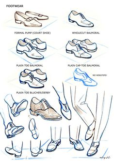 an image of different types of shoes that are drawn in blue and white pencils