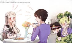 two people sitting at a table with flowers in front of them and one person eating food