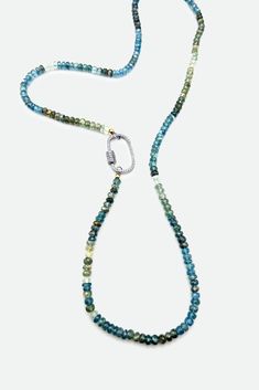 Aquamarine long necklace with a carabiner clasp in sterling silver. Call our Beverly Hills location for product details at (310)405-0633 All Jewelry is final sale Product - HJ-1527 Aquamarine w/ Sterling Diamond Clasp New Launch, Long Necklace, Beverly Hills, Aquamarine, Style Guides, Final Sale, Product Launch, Sterling Silver, Silver