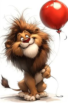 a cartoon lion holding a red balloon