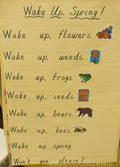 a sign that says wake up spring with pictures of animals and flowers on it,