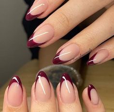 Dark Burgundy French Tip Nails, French Maroon Nails, Cherry Mocha Nails French Tip, Maroon French Tip Nails Almond, Red Ombre French Tip Nails, French Tip Burgundy Nails, Wine French Nails, Dark Red Nails French Tip, Plum French Tip Nails