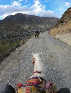 two people riding horses down a dirt road