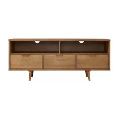 an entertainment center with two drawers and three doors on one side, in walnut wood