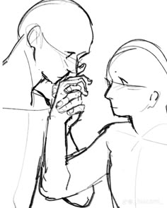 a drawing of two people with one holding the other's hand up to their face