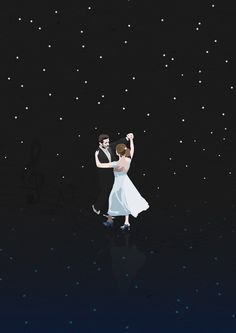 a man and woman dancing in the dark with stars on the sky behind them at night