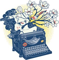 an old fashioned typewriter with flowers and birds sitting on it's top, in front of a halftone background