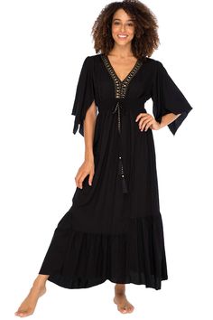 BEAUTIFUL BLACK MAXI SUNDRESS HAS A HAND BEADED DEEP V NECK, empire waist and ruffled bottom with a sophisticated, feminine style. The perfect summer dress for day or evening FLATTERING CAPE SLEEVES FLOW DOWN PAST THE ELBOW. Gold beaded tassels tie at the front accenting the comfortable elasticized empire waist, giving this boho inspired long casual beach dress, a comfortable, stylish fit LUXURIOUS AND BREATHABLE 100% HIGH-QUALITY RAYON HAS A SOFT, SILKY FEEL ON THE SKIN. Wear this sexy plunging Black Maxi Sundress, Plunging V Neck Dress, Flowy Sundress, Casual Beach Dress, Long Summer Dresses Maxi, Long Sundress, Blue Party Dress, Party Dresses Online, Maxi Sundress