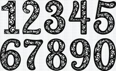 the numbers are black and white with swirly designs on each letter, as well as one