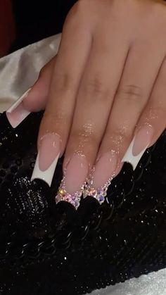 French Tip And Diamond Nails, Long Acrylic Nails French Tip Design, Acrylic Nails With Jewels Rhinestones, Cute Acrylic Nails For Birthday, Long French Tip With Rhinestones, Birthday Diamond Nails, Long White French Tip Nails With Gems, Nails French Tip With Diamonds, Bling Out French Tips