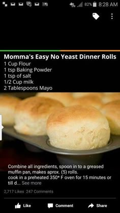 an image of some breads on a plate with the text momma's easy no yeast dinner rolls