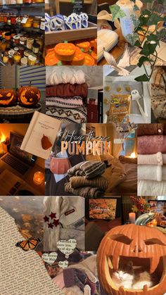 a collage of pumpkins, books and other items