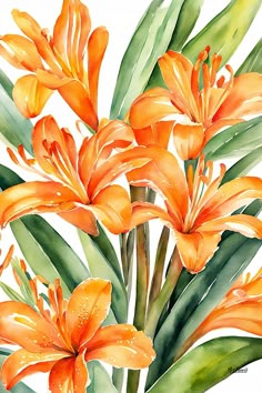 a painting of orange flowers with green leaves