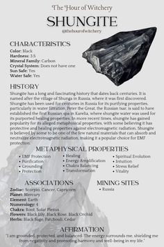 Shungite Crystal Meaning, Grimoire Notes, Crystal Meanings Charts, Energy Stones Crystal Healing, Crystal Grimoire, Earth Vibes, Shungite Crystal, Wicca Crystals, Best Healing Crystals