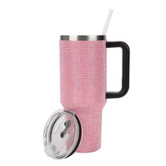 thermos travel mug with lid and handle in pink tweedy fabric is shown