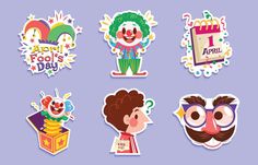 four different stickers with clowns and other things in them on a purple background