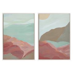 two paintings with mountains in the background, one is pink and green while the other is blue