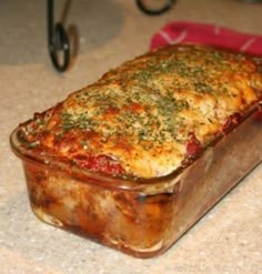 a casserole dish is sitting on the counter