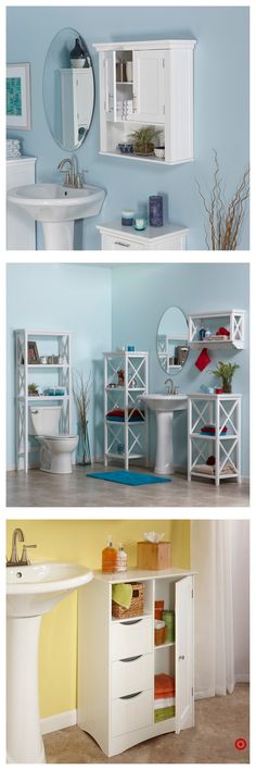 three different views of a bathroom with blue walls and white furniture, including an open cabinet