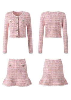 Step into style with this elegant pink tweed two-piece suit, perfect for the modern woman on the go! The long sleeve cardigan style top features a classic round neck and single-breasted design and can be styled open or closed. Paired with a flirty short skirt that adds a touch of femininity to any look, this ensemble is crafted from high-quality tweed fabric that ensures both comfort and durability. Pink Tweed Set, Tweed Skirt Set, Pink Tweed Skirt, Tweed Two Piece, Knit Tweed, Tweed Set, Nye Outfits, Pink Tweed, Cardigan Style