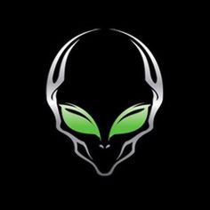 an alien head with green eyes on a black background, the logo is designed in silver and