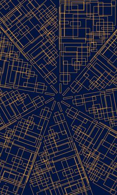 a blue and gold city map with lines in the middle, on a dark background