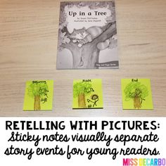 three sticky notes with trees on them and the words up in a tree written below