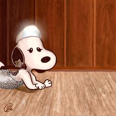 a cartoon dog wearing a silver dress and a white hat is on the floor in front of a wood paneled wall