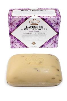 $6.00 - Nubian Heritage blends Lavender, traditionally used to treat all skin types due to its anti-bacterial, anti-inflammatory, antiseptic, rejuvenation and deodorizing effects, with Wildflowers, for mild exfoliation, in this rich-lathering organic Shea Butter soap. Size: 5 oz. Main Ingredients: palm oil, Shea butter, coconut oil, lavender buds, wildflowers, vitamin E Perfume Lavender, Palm Kernel Oil, Deodorizing