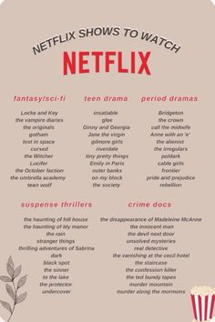 the netflix shows to watch list with popcorn and other things on it, including movies