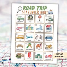 the road trip scavenger hunt is shown on top of a map with cars, trucks