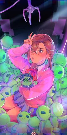 a girl in pink is surrounded by green and purple balls