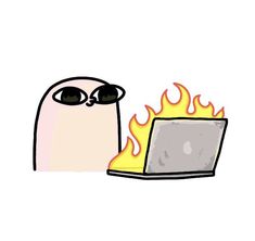 an image of a cartoon character with a laptop on fire in front of him that is burning