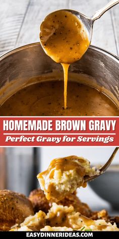 homemade brown gravy is being spooned into a pot full of gravy