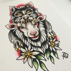 a drawing of a sheep with flowers on it's head