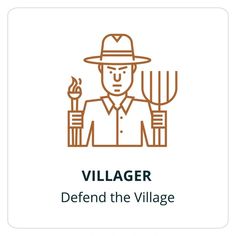 a man in a hat holding two pitchforks and the words villager defend the village