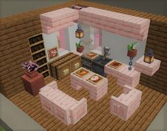 Cute Things To Build In Minecraft House, Minecraft Pink Living Room, Pink Mc House, Pink Kitchen Minecraft, Cute Minecraft Interior Ideas, Pink Minecraft Cottage, Pink Minecraft Kitchen, Minecraft Pink Interior, Minecraft Pink House Ideas