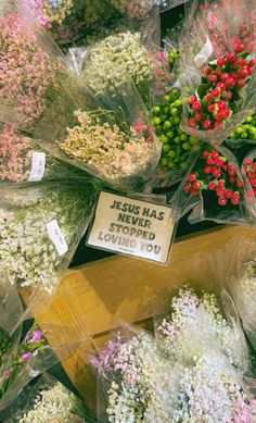 flowers for sale at a flower shop with price tags on the stems and in plastic bags