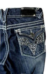 VIGOSS Jeans 5/28 Bootcut Dark wash Rhinestone gem Flap pocket Designer denim #VIGOSS #Bootcutleg Gem Jeans, La Idol Jeans, Bedazzled Jeans, Rocawear Jeans, Thrift Flips, Bling Design, Vigoss Jeans, Buckle Jeans, Abercrombie Jeans