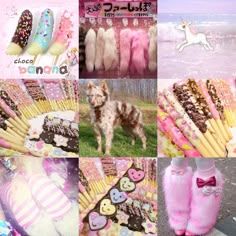 a collage of pictures with different types of cookies and candies on display in front of the ocean